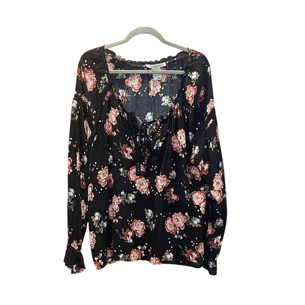American Rag Floral Dark Romantic Bohemian Flowy Blouse Black XXL